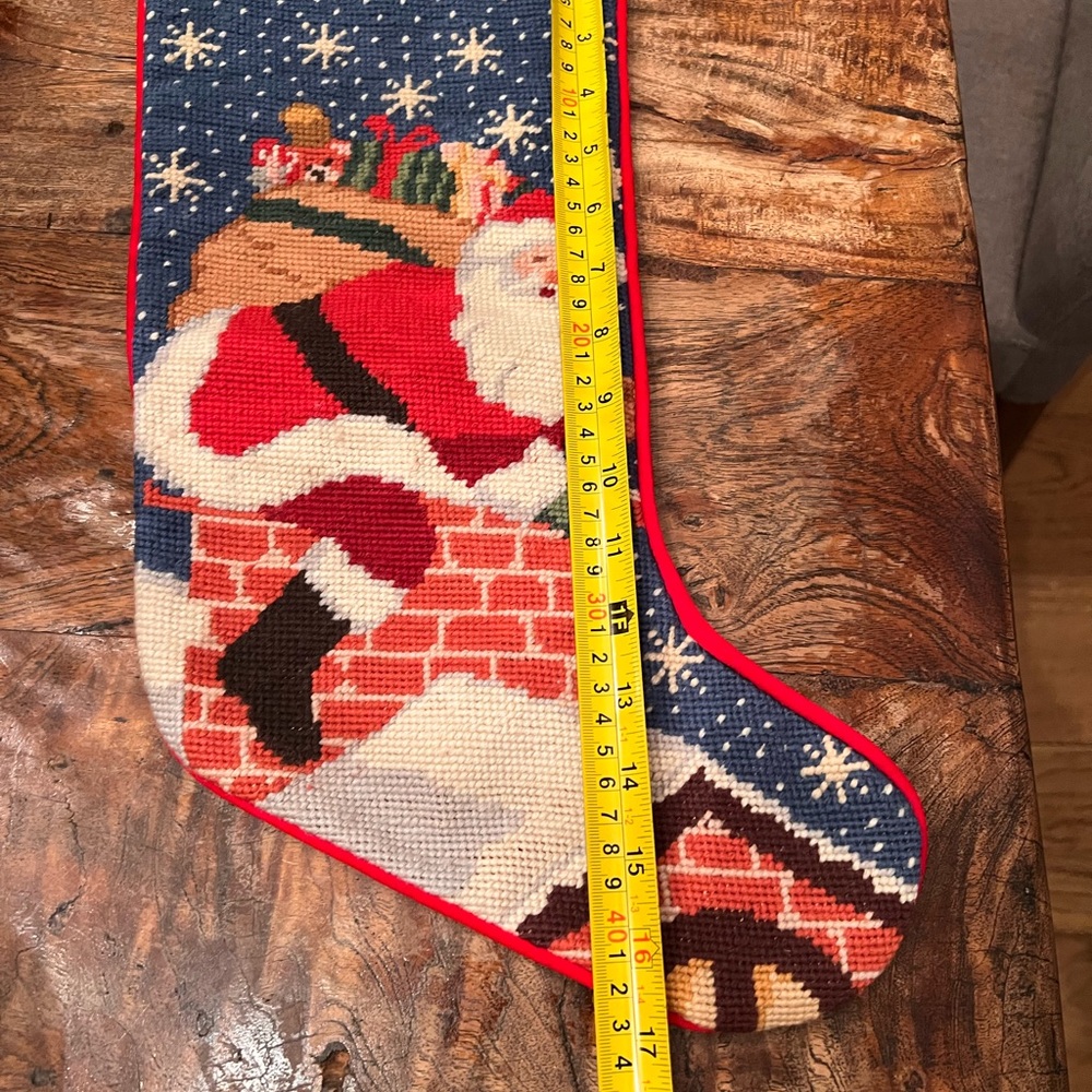 Needlepoint Christmas Stocking Santa Claus & Gift On Chimney Red Velvet Back Vtg - Picture 8 of 12